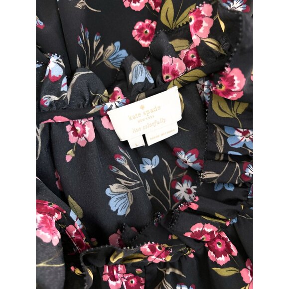 Kate Spade Wild Ones Meadow Ruffle Yoke Sleeveless Top Black Floral Large - Picture 3 of 3